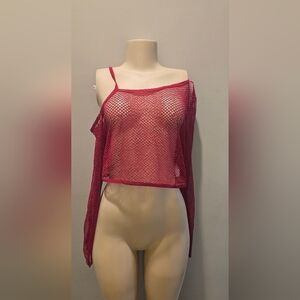 Sheer Pink Mesh Off-Shoulder Crop Top